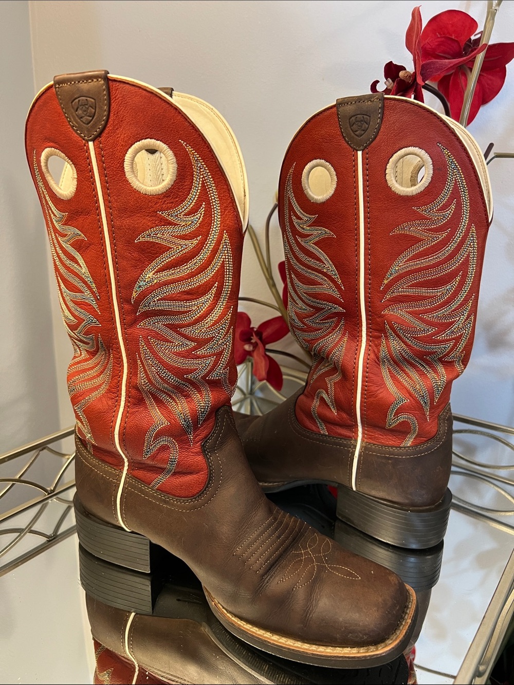 Ariat Two-Tone Leather Square Toe Western Cowgirl Boots Red Brown Sz 7B 10017389